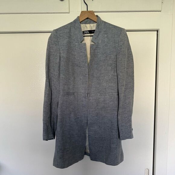 Zara Blue Textured Chevron Long Blazer Small - Picture 1 of 6